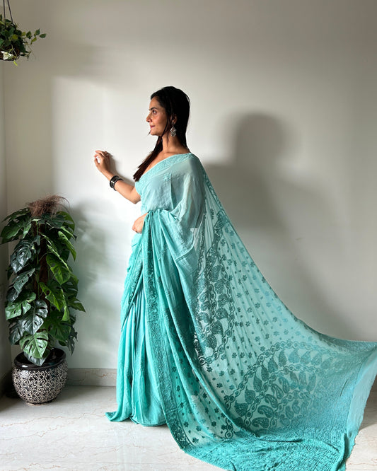 Hand Embroidered Turquoise Green Georgette Lucknowi Chikankari Saree/Blouse