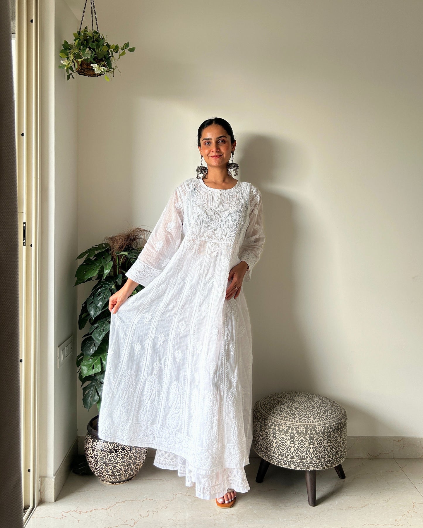 Kota Doria Hand-Embroidered White Chikankari Kurti