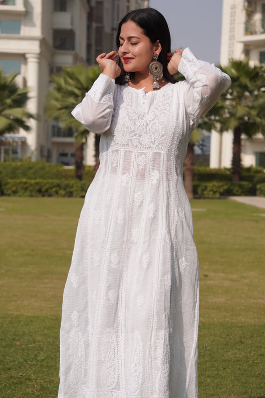 Kota Doria Hand-Embroidered White Chikankari Kurti
