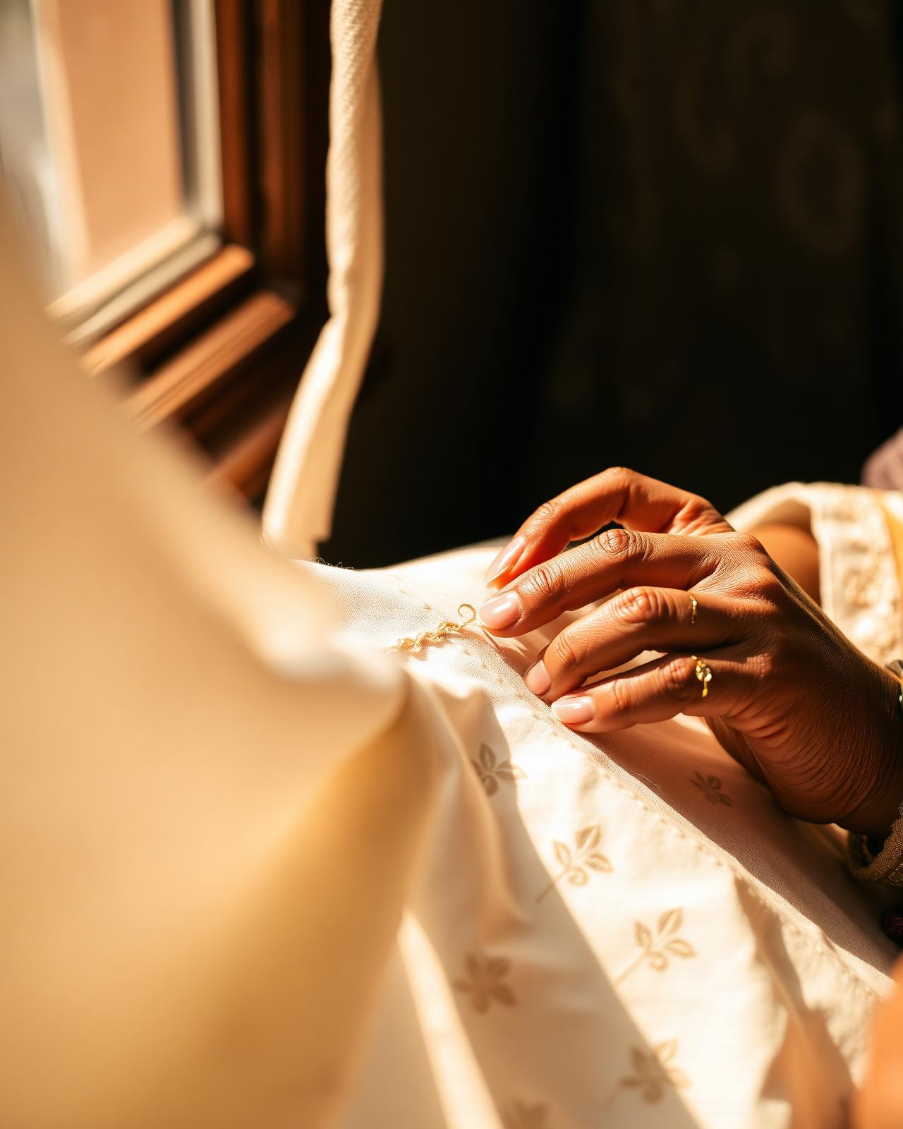 Artisan hand-stitching Chikankari in golden light