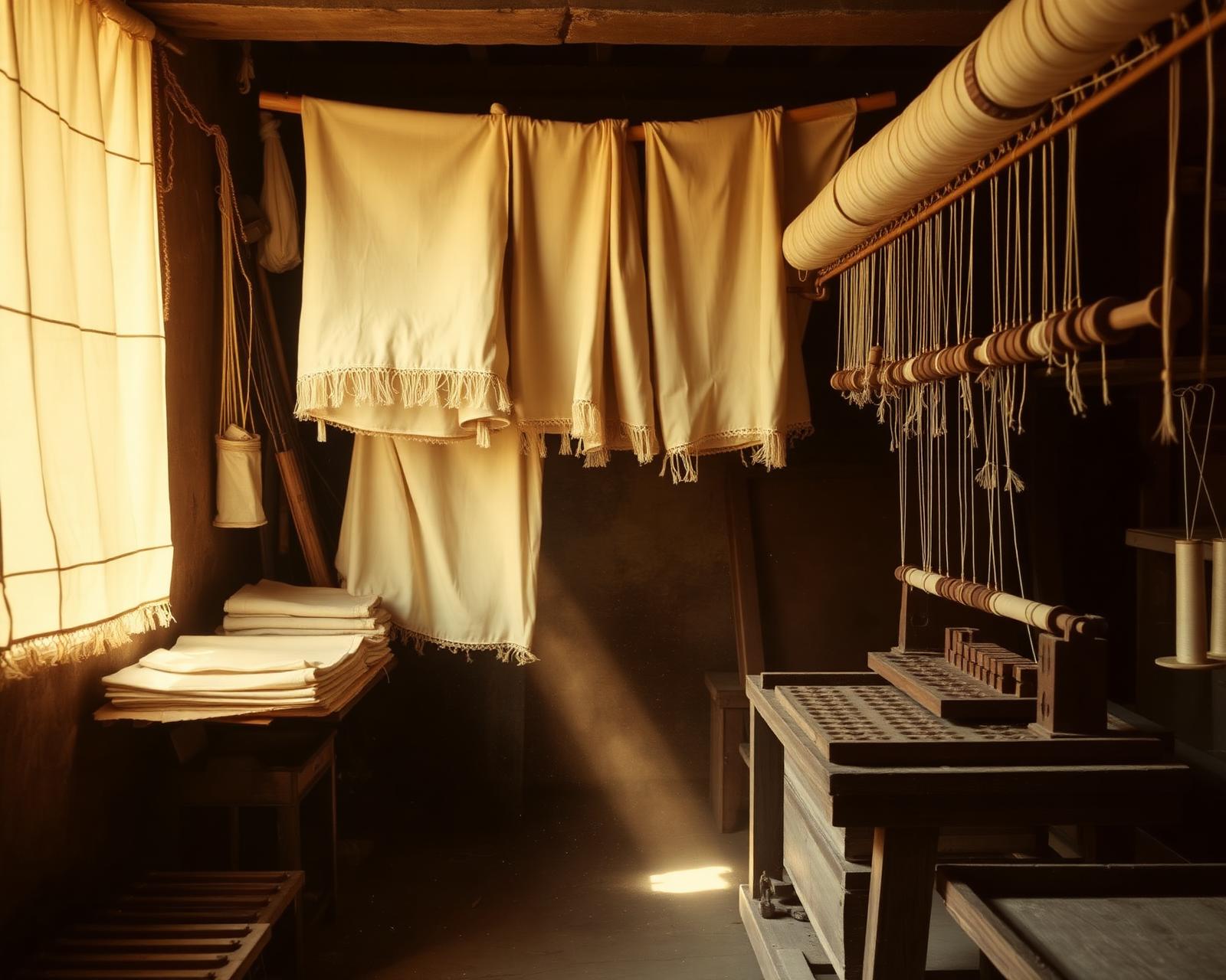 Sun-drenched atelier in Lucknow with hanging cotton fabrics