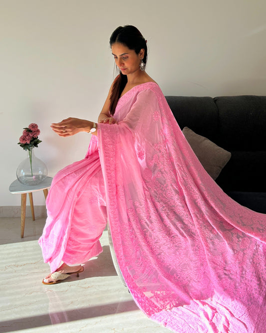Blush Pink Handcrafted Chikankari Saree