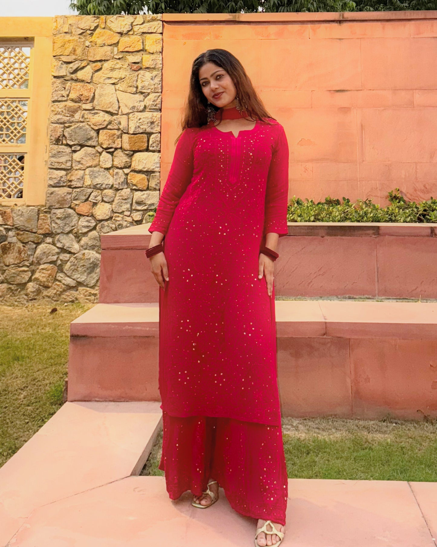 Red Chikankari Viscose Georgette Kurta 3 piece Set (with inner)