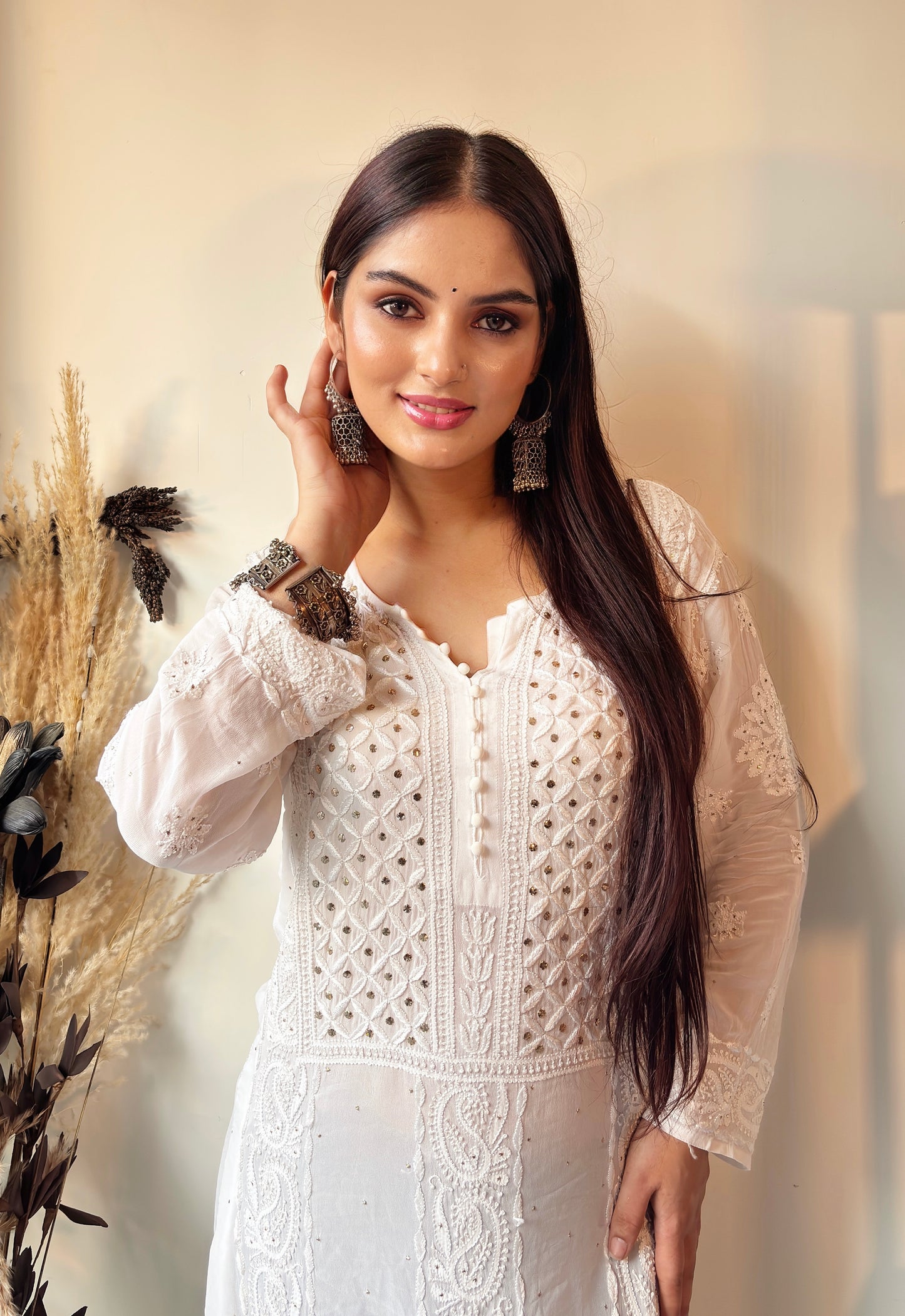 Viscose Chikankari Kurti with Mukaish Work : White