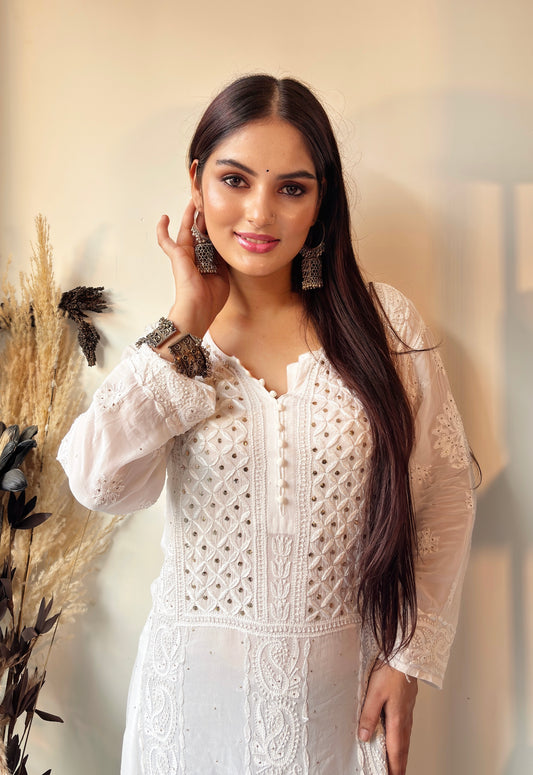 Viscose Chikankari Kurti with Mukaish Work : White