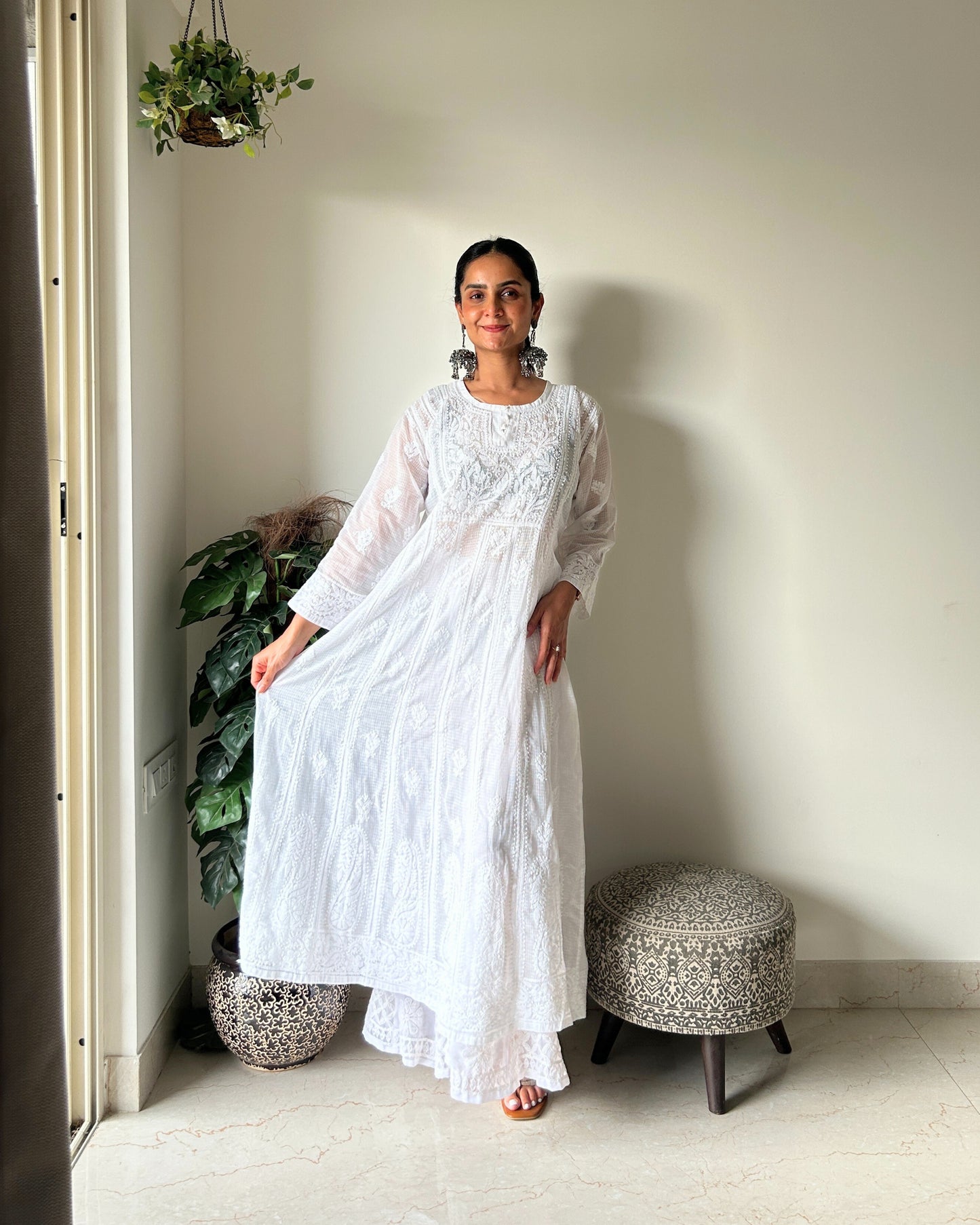 Kota Doria Hand-Embroidered White Chikankari Kurti