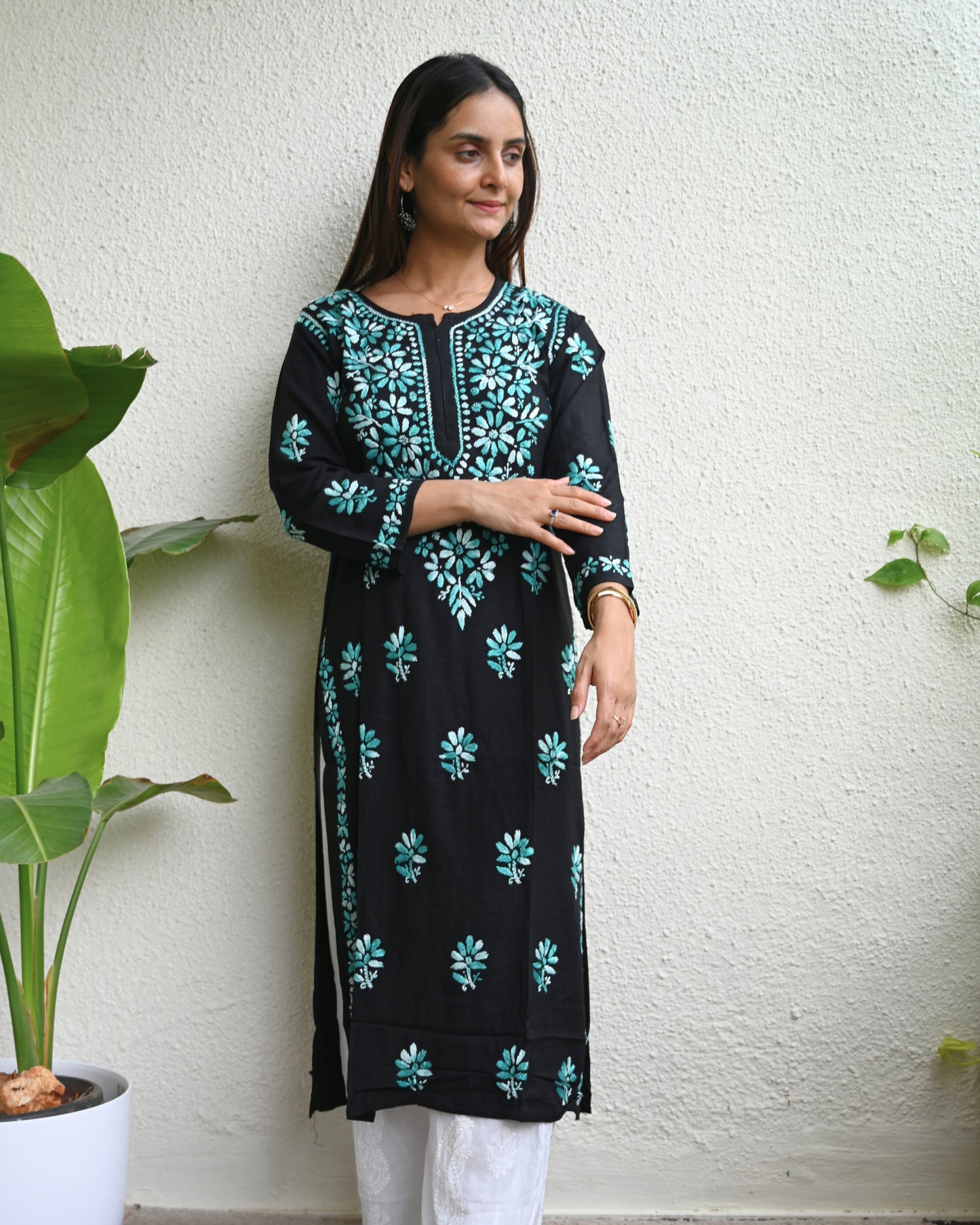 Chikankari Embroidered Women's Long Kurta - Green