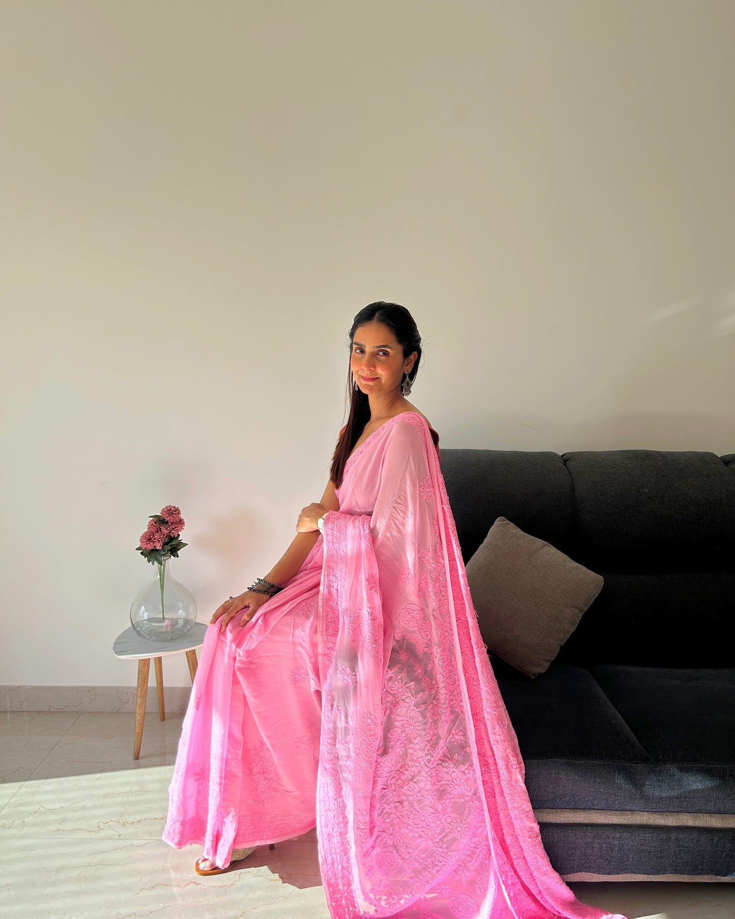 Blush Pink Handcrafted Chikankari Saree