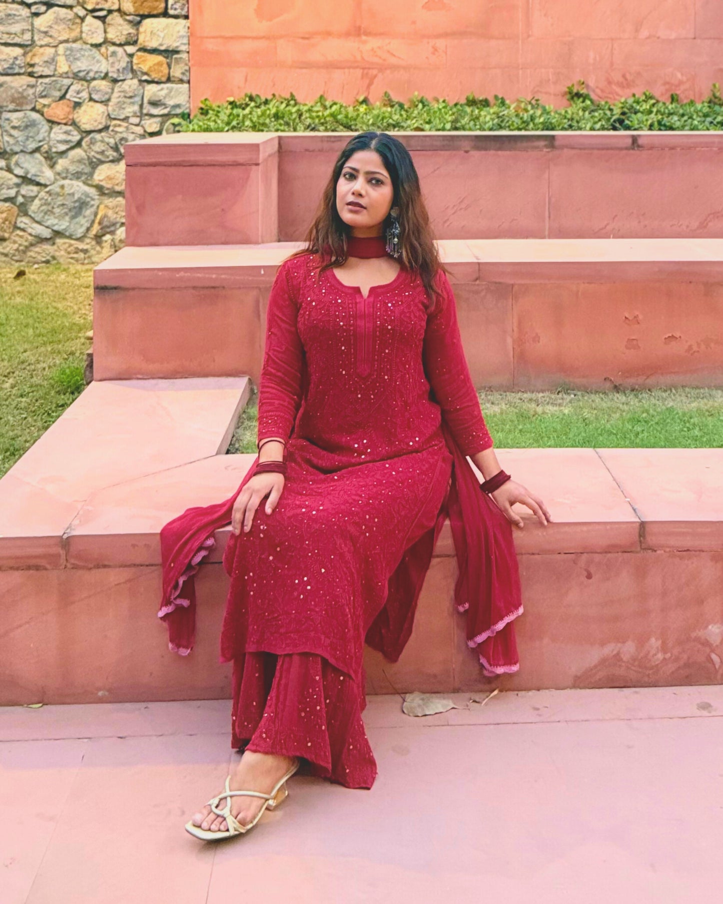 Red Chikankari Viscose Georgette Kurta 3 piece Set (with inner)
