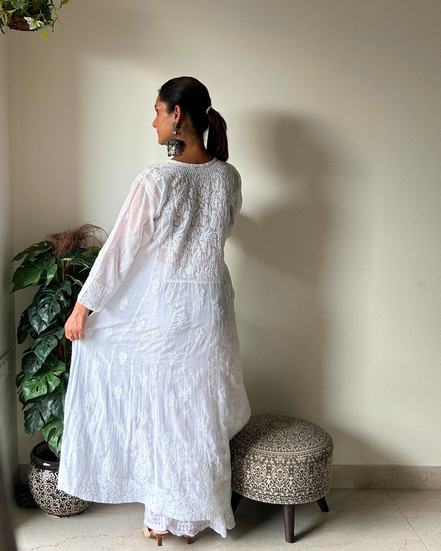 Kota Doria Hand-Embroidered White Chikankari Kurti