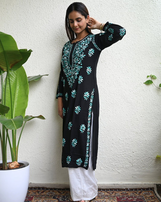 Chikankari Embroidered Women's Long Kurta - Green