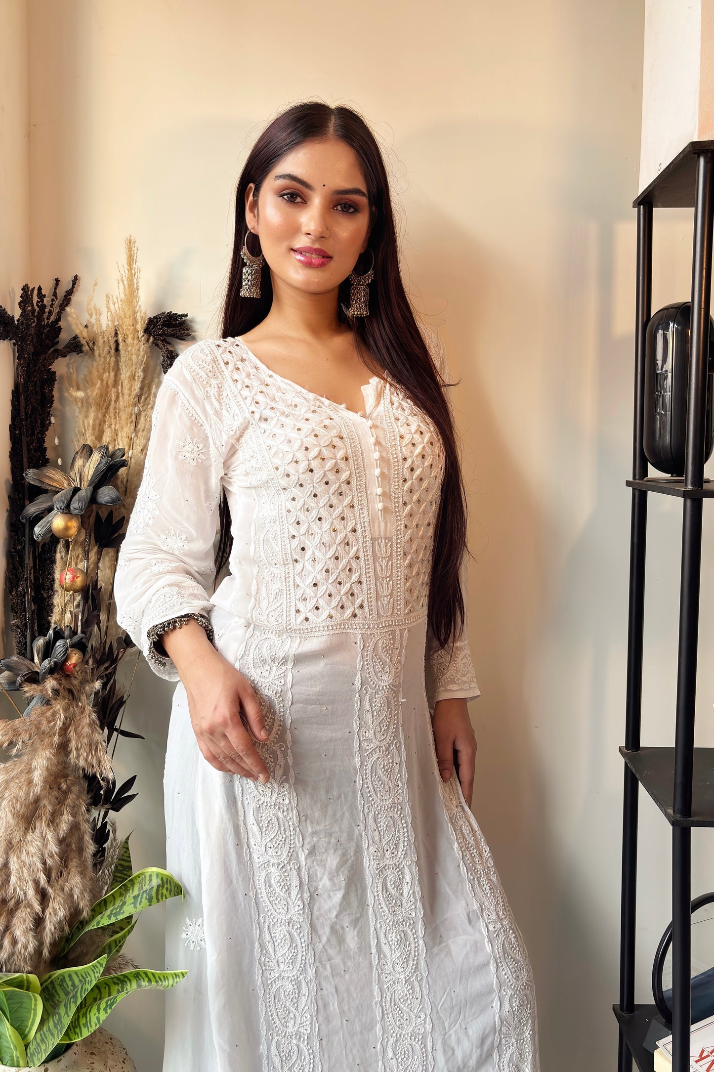 Viscose Chikankari Kurti with Mukaish Work : White