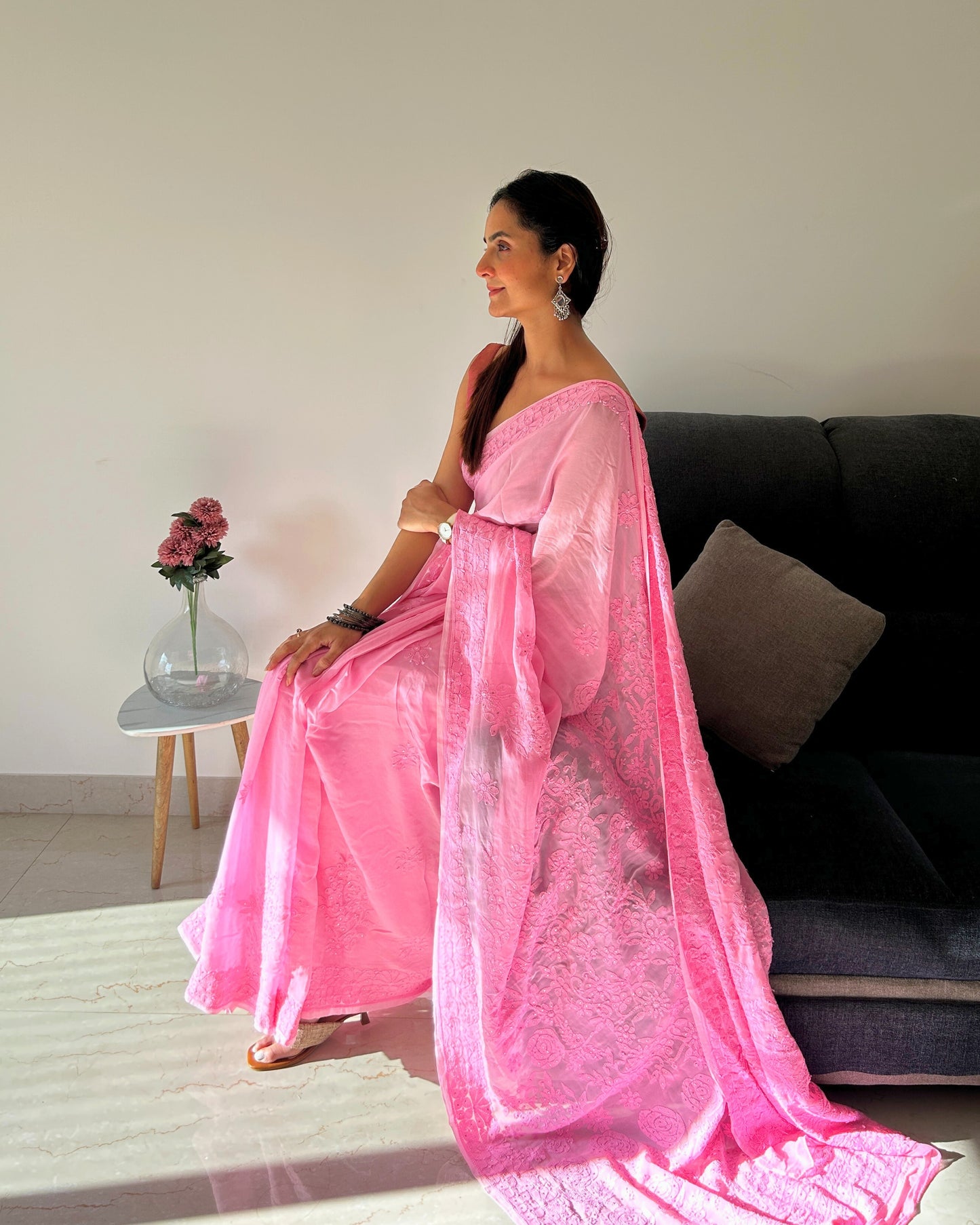Blush Pink Handcrafted Chikankari Saree