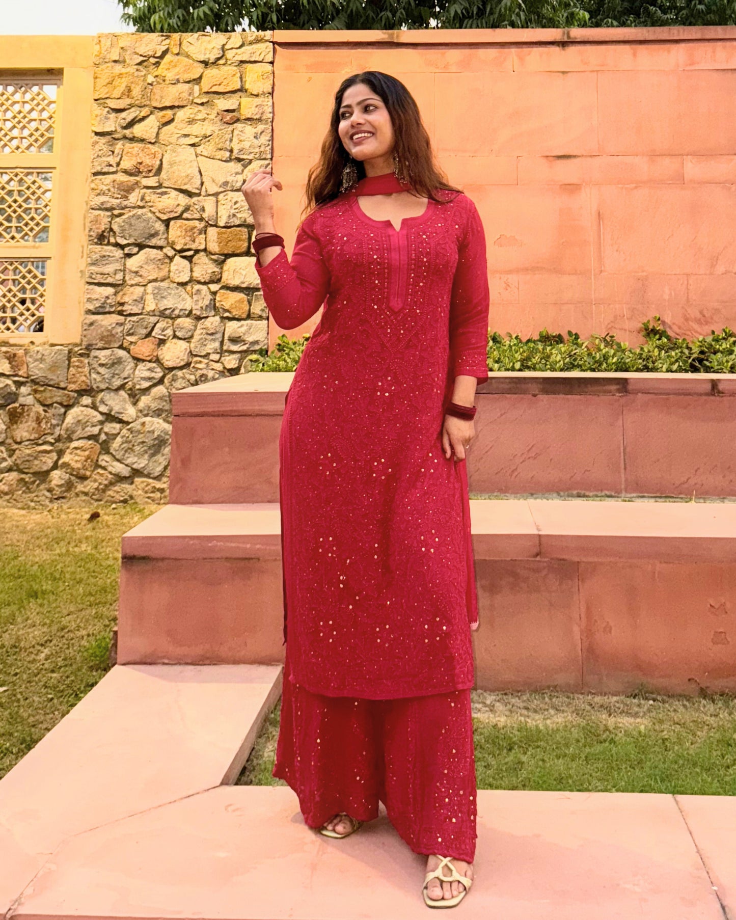 Red Chikankari Viscose Georgette Kurta 3 piece Set (with inner)