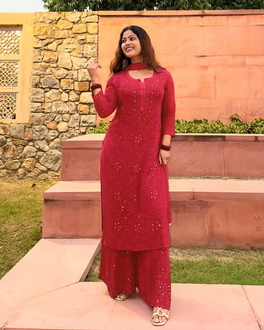 Red Chikankari Viscose Georgette Kurta 3 piece Set (with inner)
