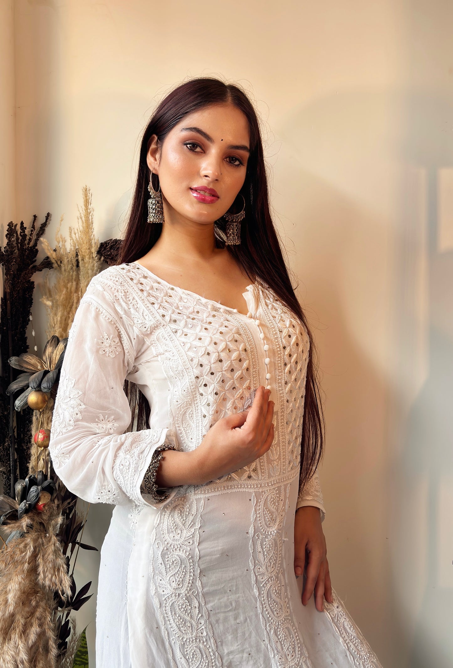Viscose Chikankari Kurti with Mukaish Work : White