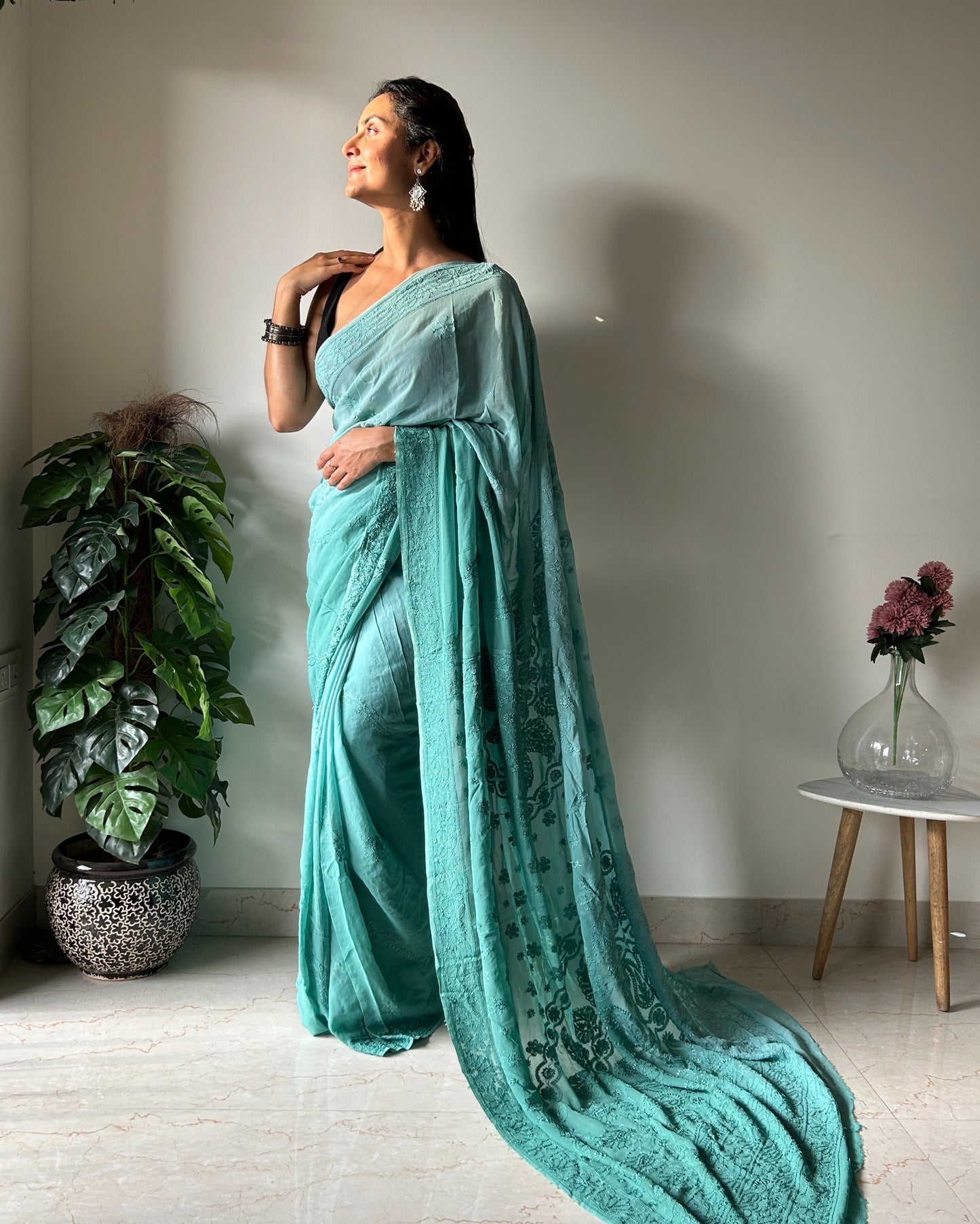 Hand Embroidered Turquoise Green Georgette Lucknowi Chikankari Saree/Blouse