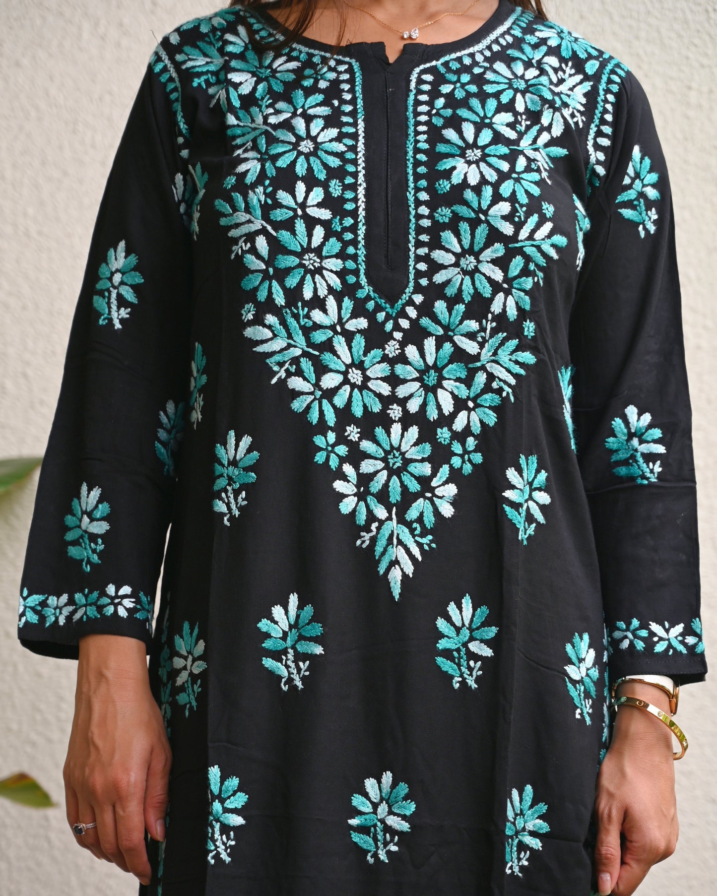 Chikankari Embroidered Women's Long Kurta - Green