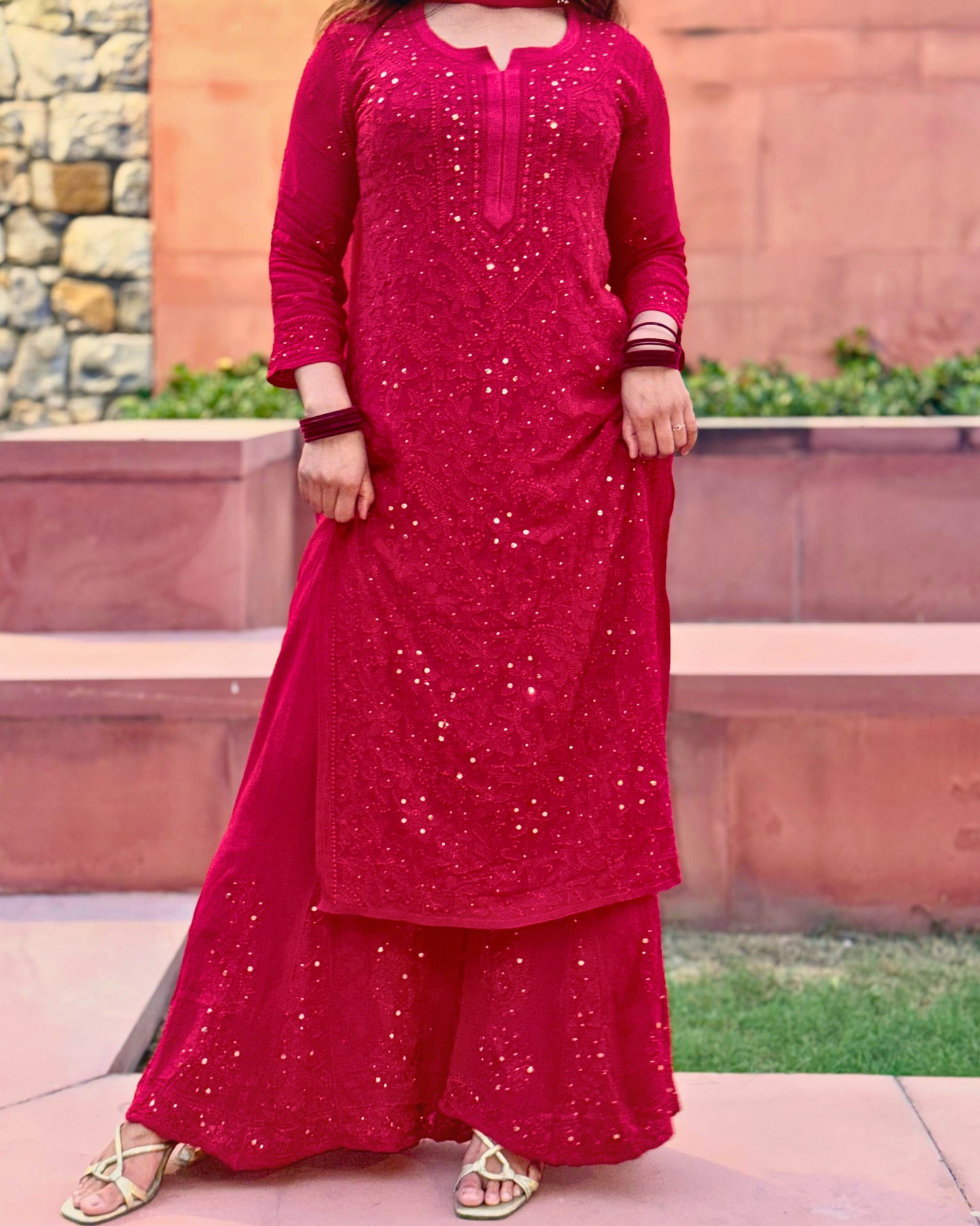 Red Chikankari Viscose Georgette Kurta 3 piece Set (with inner)