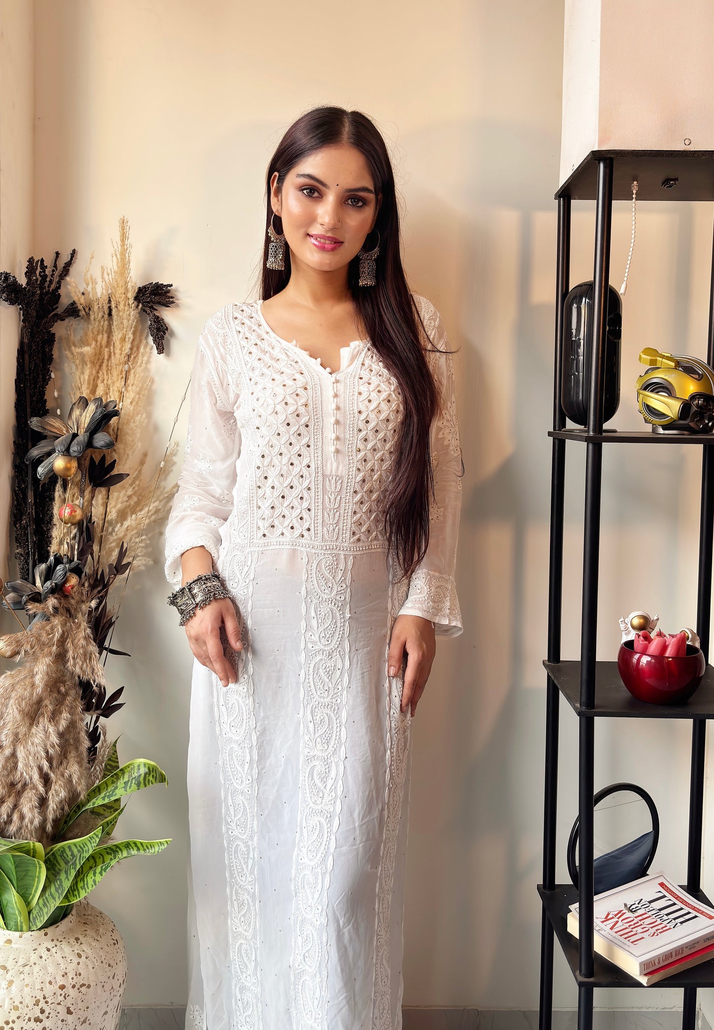 Viscose Chikankari Kurti with Mukaish Work : White