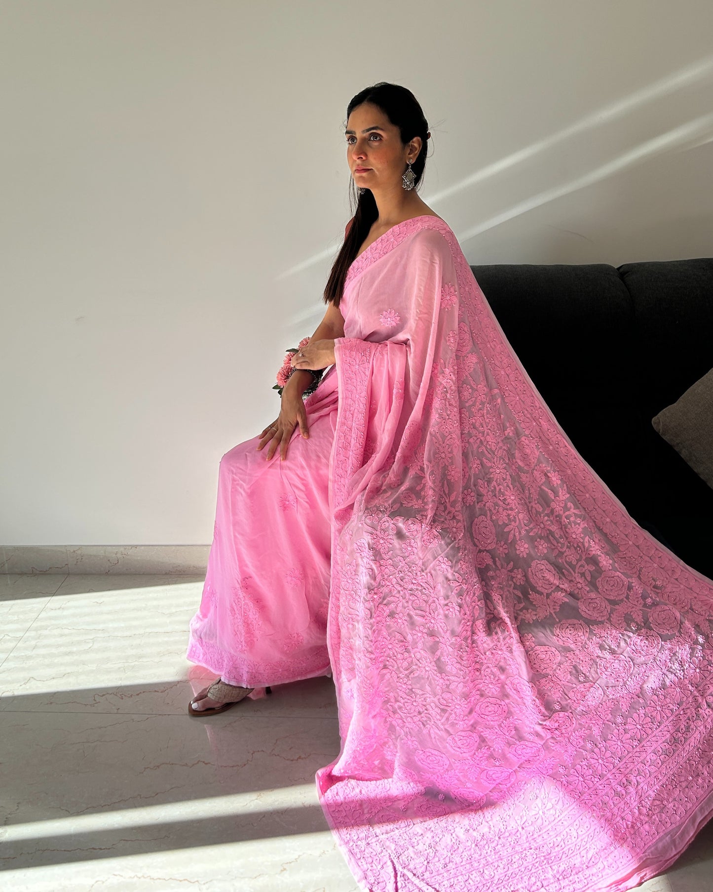 Blush Pink Handcrafted Chikankari Saree