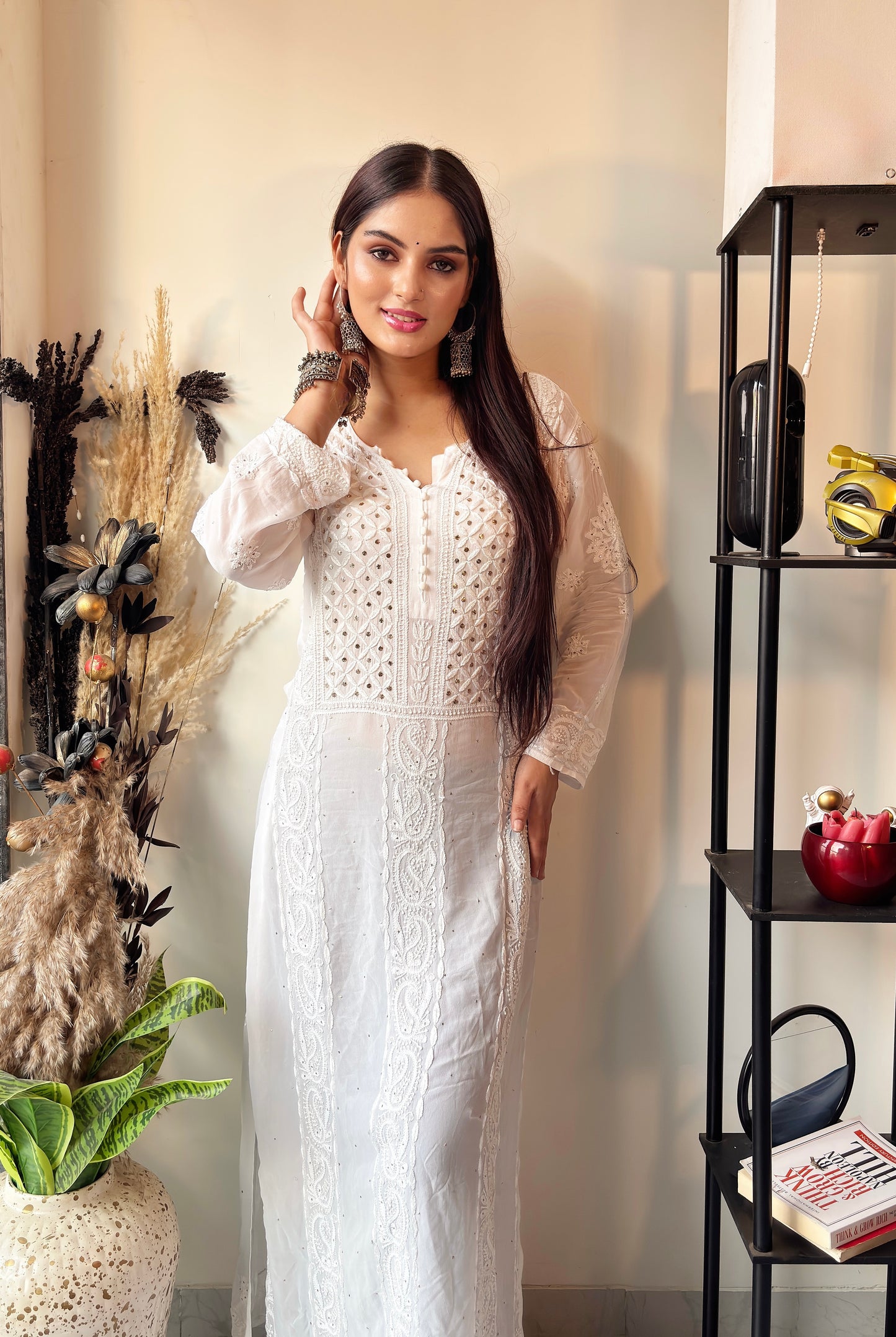 Viscose Chikankari Kurti with Mukaish Work : White