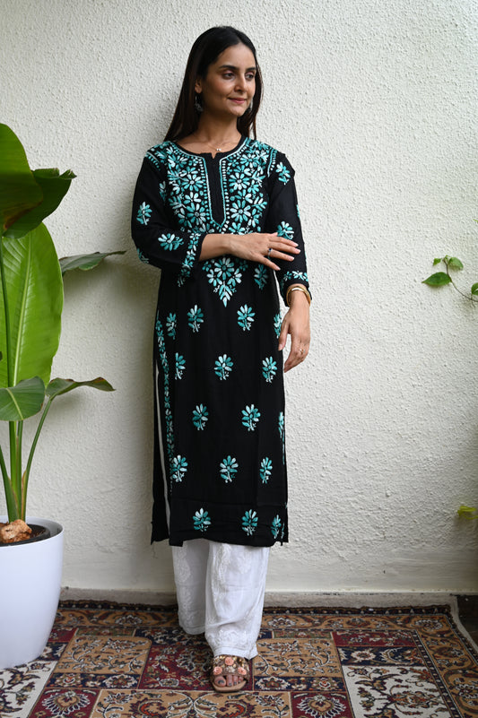 HOH Crafts Chikankari Embroidered Women's Long Kurta - Green