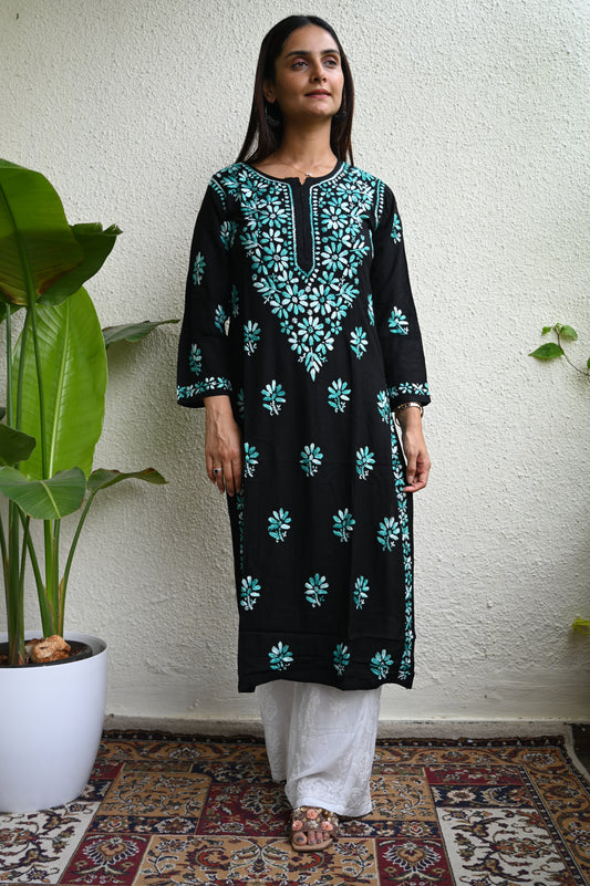 HOH Crafts Chikankari Embroidered Women's Long Kurta - Green