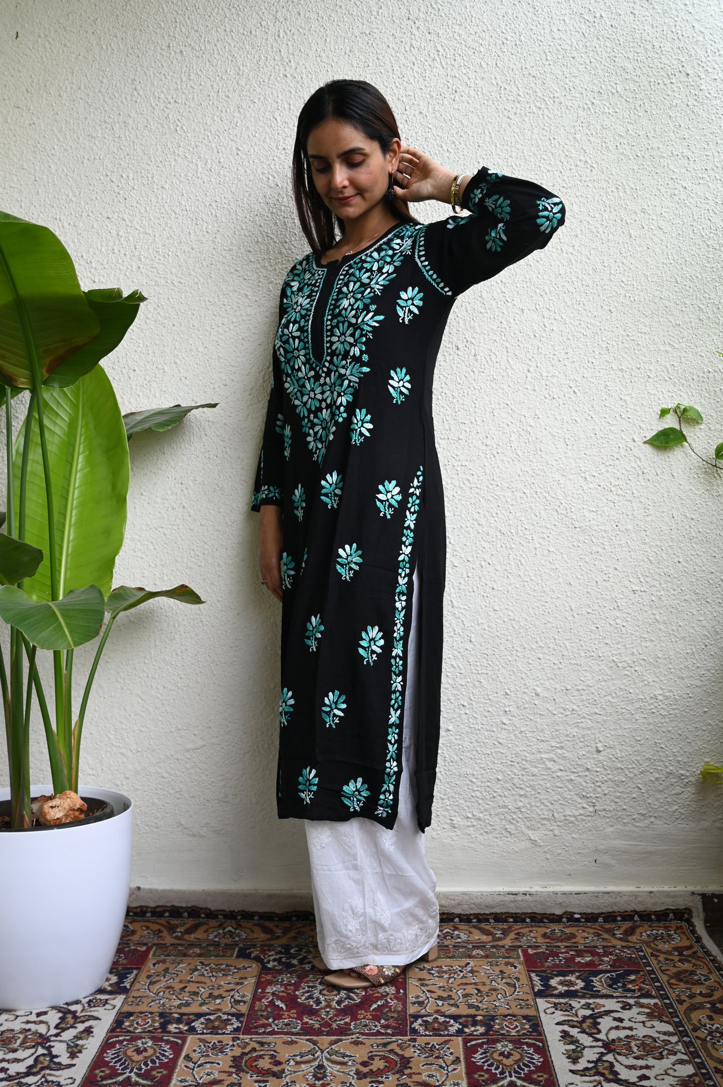 HOH Crafts Chikankari Embroidered Women's Long Kurta - Green