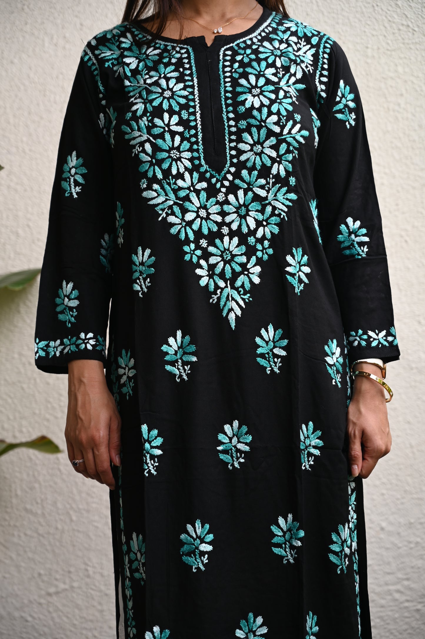 HOH Crafts Chikankari Embroidered Women's Long Kurta - Green