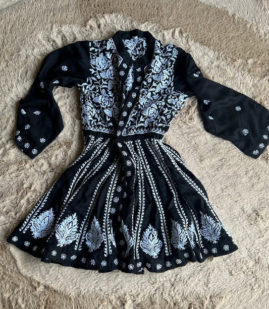 Peplum Shrug – Modal Black Base with White Chikankari