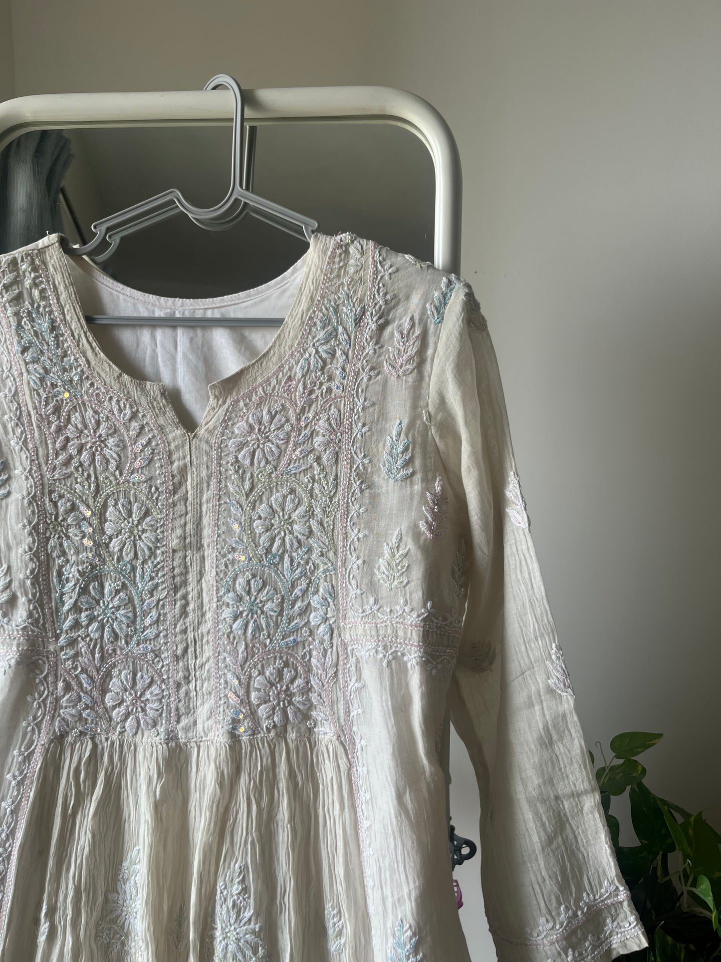 Elegant semi-stitched Chikankari kurta-dupatta set with intricate hand embroidery and Cutdana