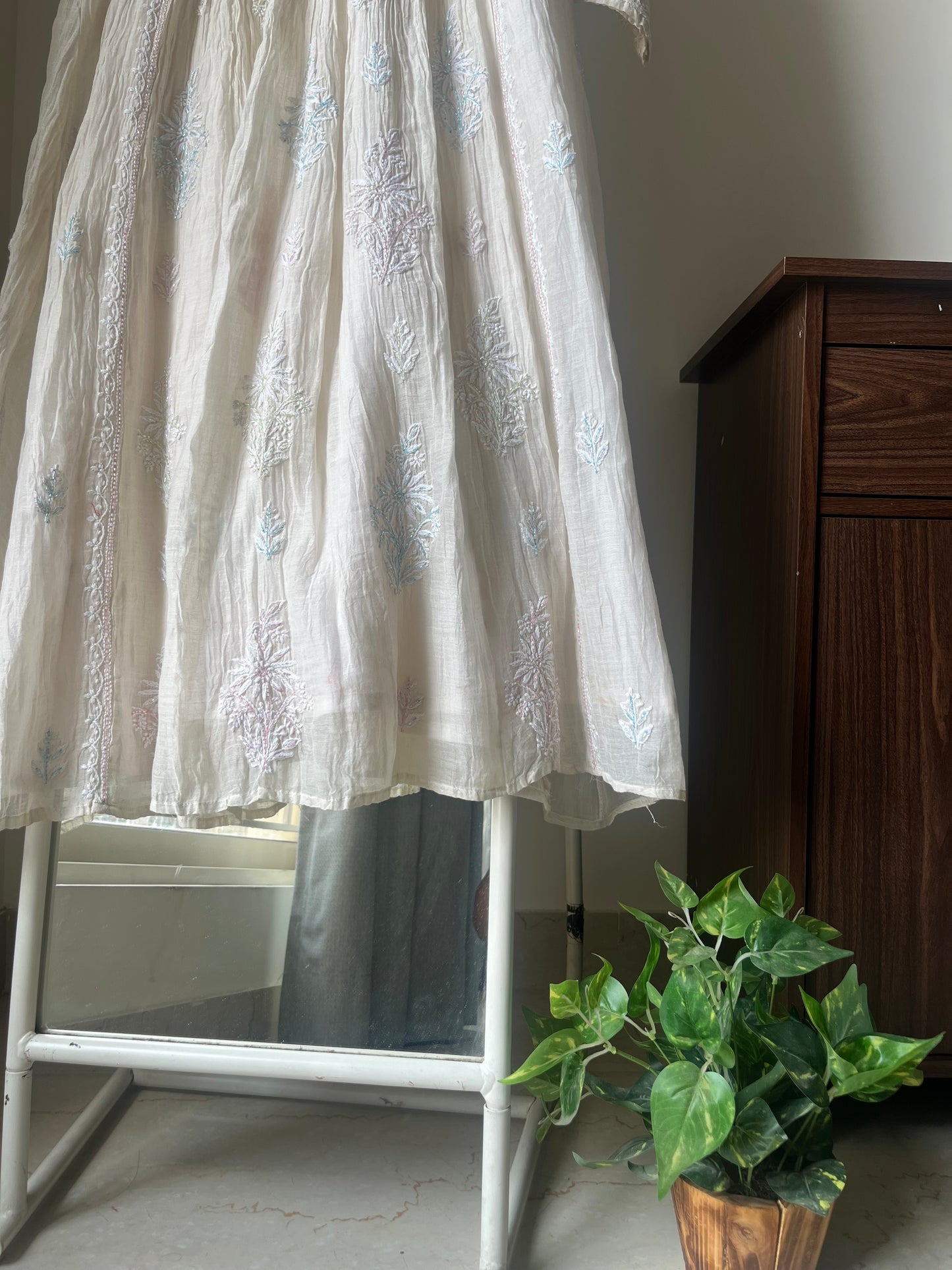 Elegant semi-stitched Chikankari kurta-dupatta set with intricate hand embroidery and Cutdana