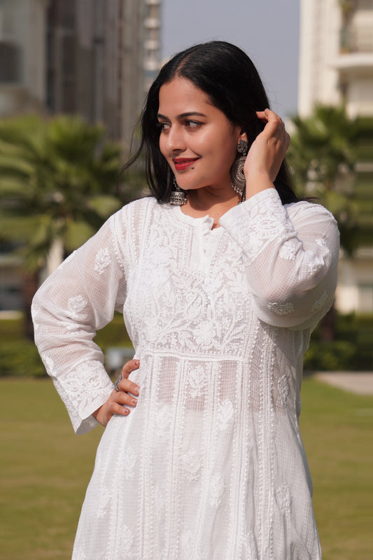 Kota Doria Hand-Embroidered White Chikankari Kurti