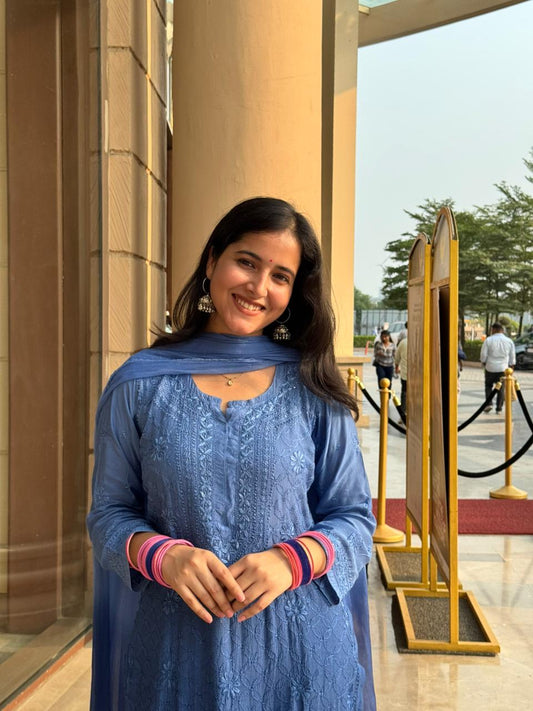 Elegant Chikankari Viscose Kurta 3 piece Set  –  Blue