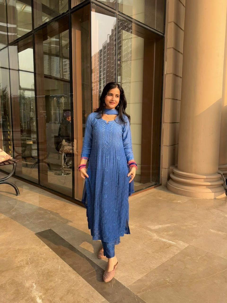 Elegant Chikankari Viscose Kurta 3 piece Set  –  Blue