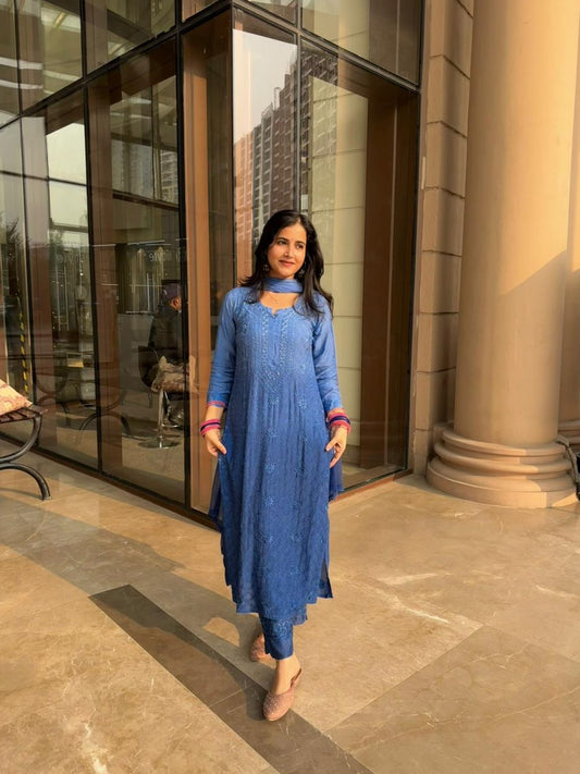 Elegant Chikankari Viscose Kurta 3 piece Set  –  Blue
