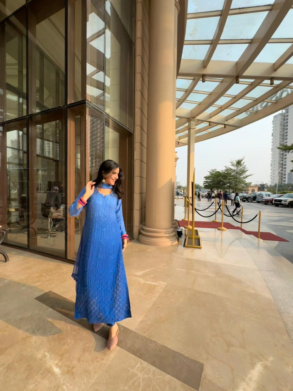 Elegant Chikankari Viscose Kurta 3 piece Set  –  Blue