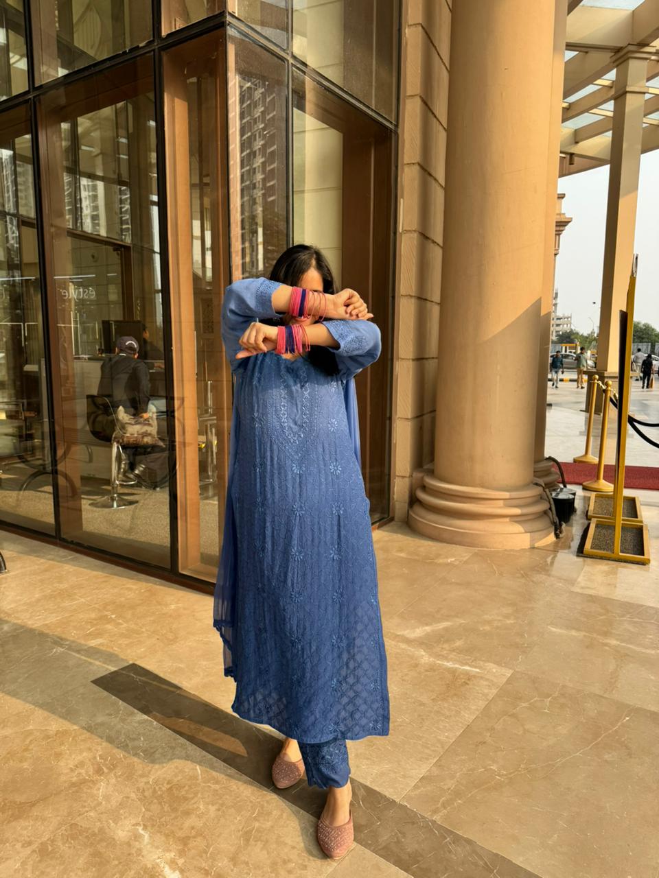 Elegant Chikankari Viscose Kurta 3 piece Set  –  Blue