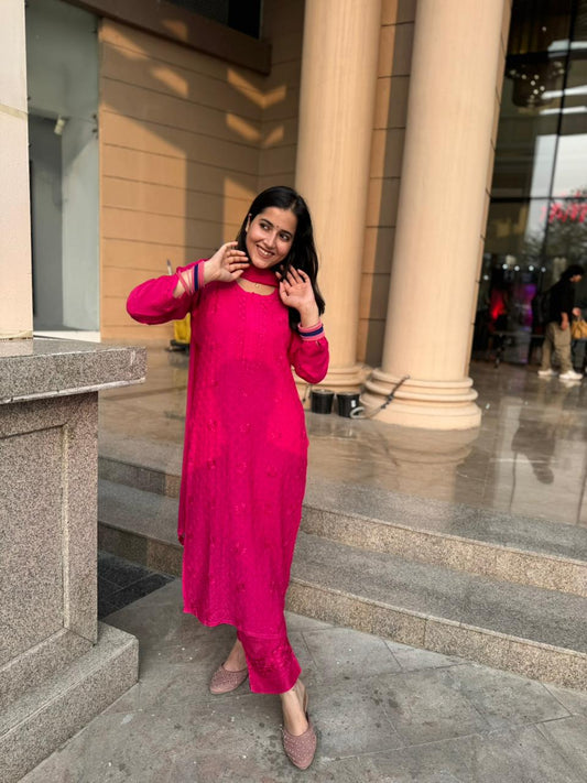 Elegant Chikankari Viscose Kurta 3 piece Set  –  Pink