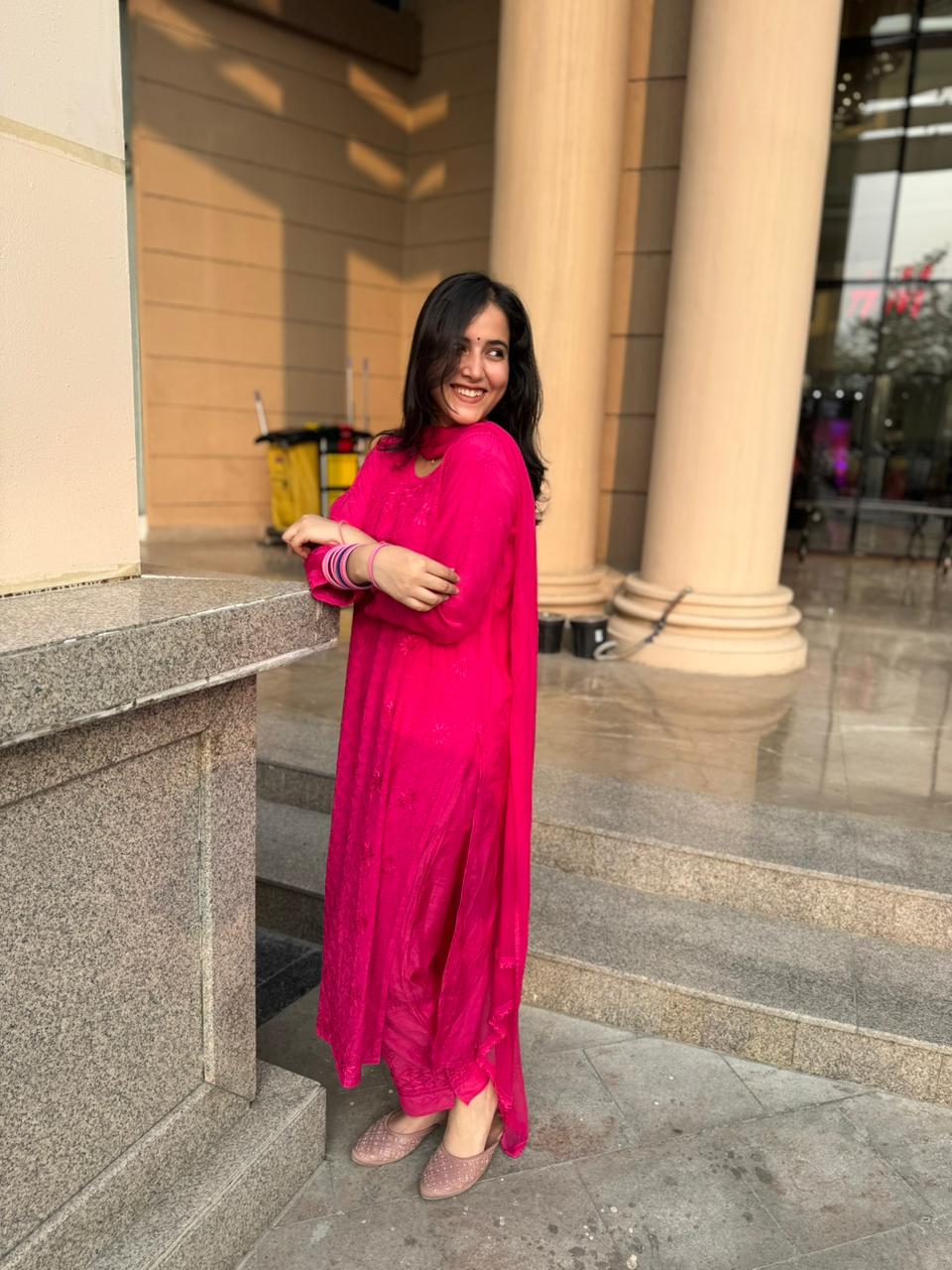 Elegant Chikankari Viscose Kurta 3 piece Set  –  Pink