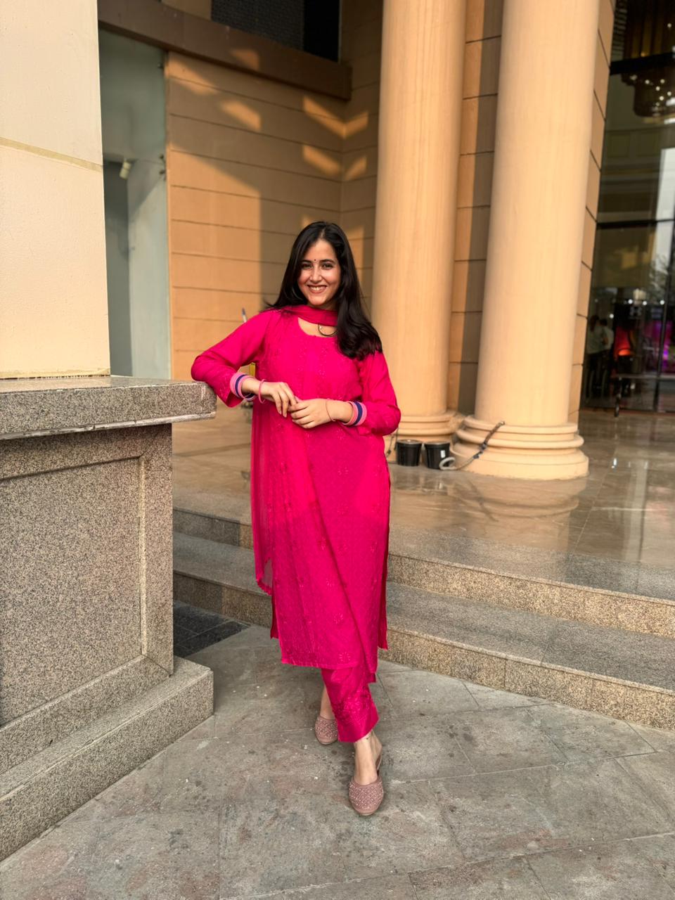 Elegant Chikankari Viscose Kurta 3 piece Set  –  Pink